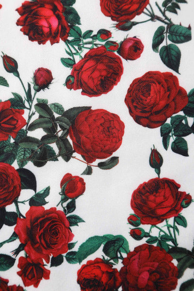Close up view of Retro Red Rose Dress In White