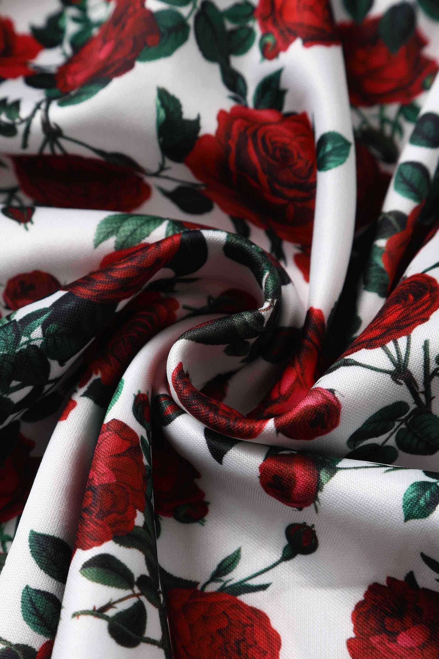 Close up view of Retro Red Rose Dress In White