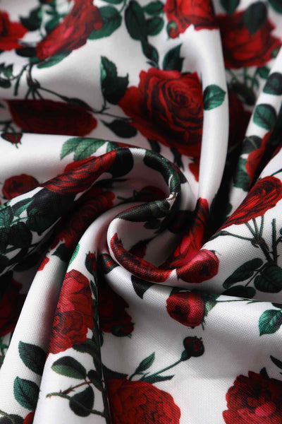 Close up view of Retro Red Rose Dress In White
