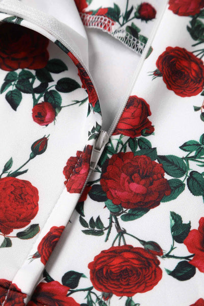 Close up view of Retro Red Rose Dress In White