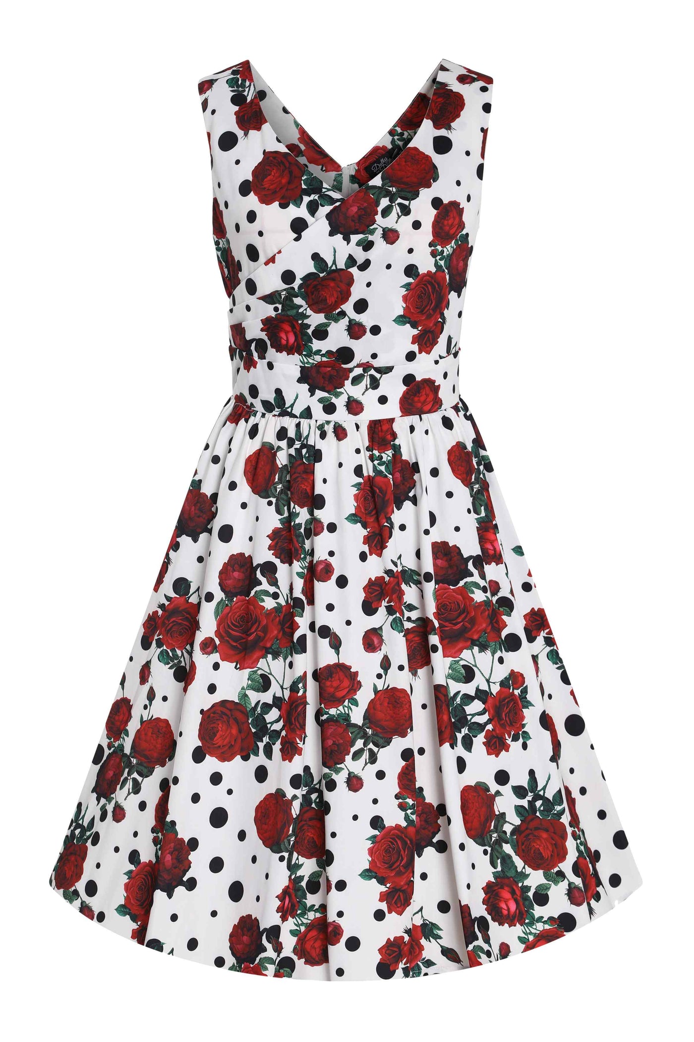 Front view of Retro Rose & Polk Dot Circle Dress