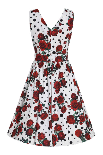 Back view of Retro Rose & Polk Dot Circle Dress
