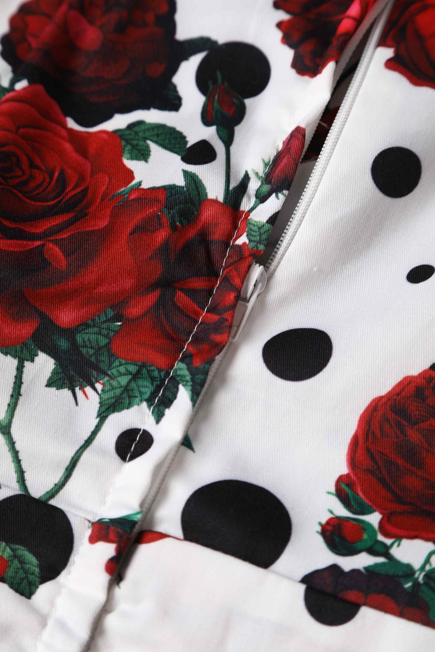 Close up view of Retro Rose & Polk Dot Circle Dress