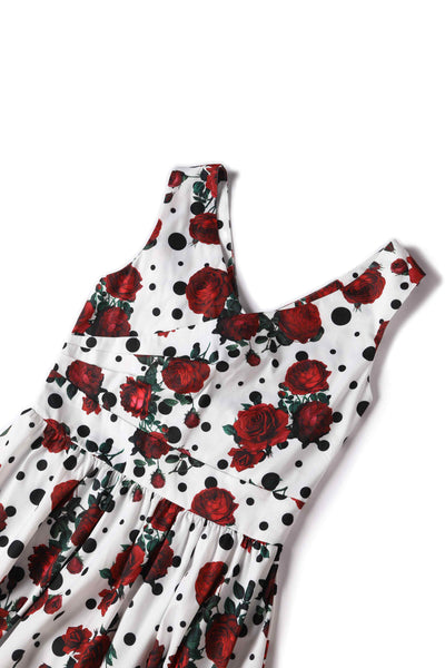 Close up view of Retro Rose & Polk Dot Circle Dress