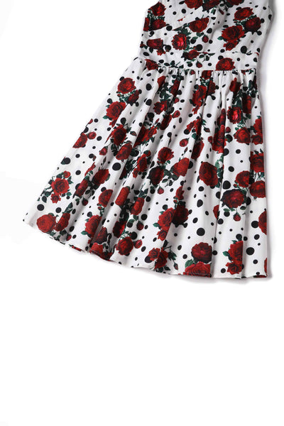 Close up view of Retro Rose & Polk Dot Circle Dress