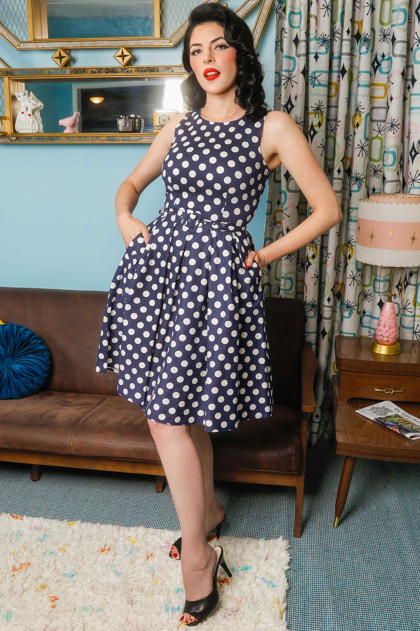 Retro Swing Dress in Navy Blue and White Dots