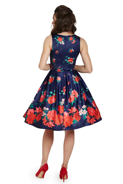 Model photo of Swing Dress in Purple with Raising Rose Print
