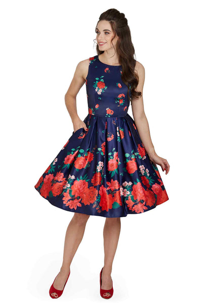 Model photo of Swing Dress in Purple with Raising Rose Print