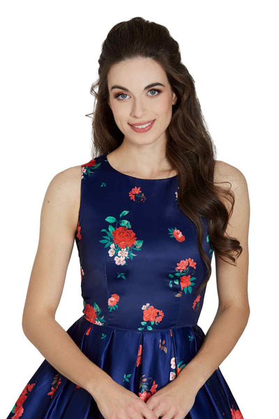 Model photo of Swing Dress in Purple with Raising Rose Print