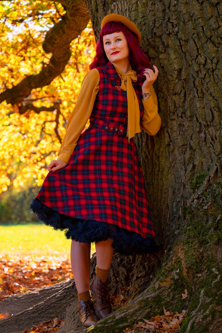Poppy Red Retro Tartan Swing Shirt Dress by Dolly and Dotty