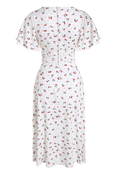 Back View of Retro White Tea Dress In Cherry & Polka Dot Print