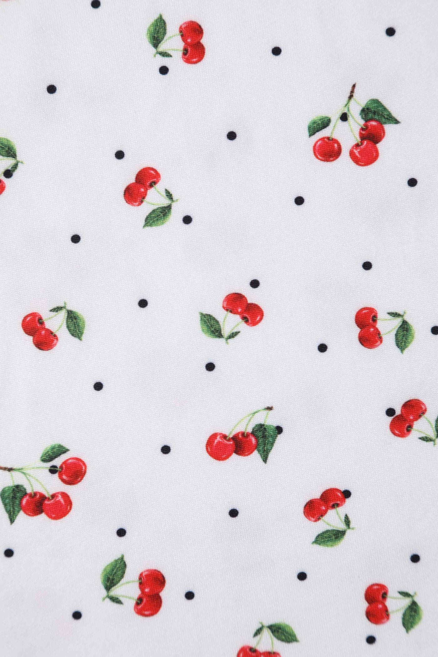 Close up View of Retro White Tea Dress In Cherry & Polka Dot Print