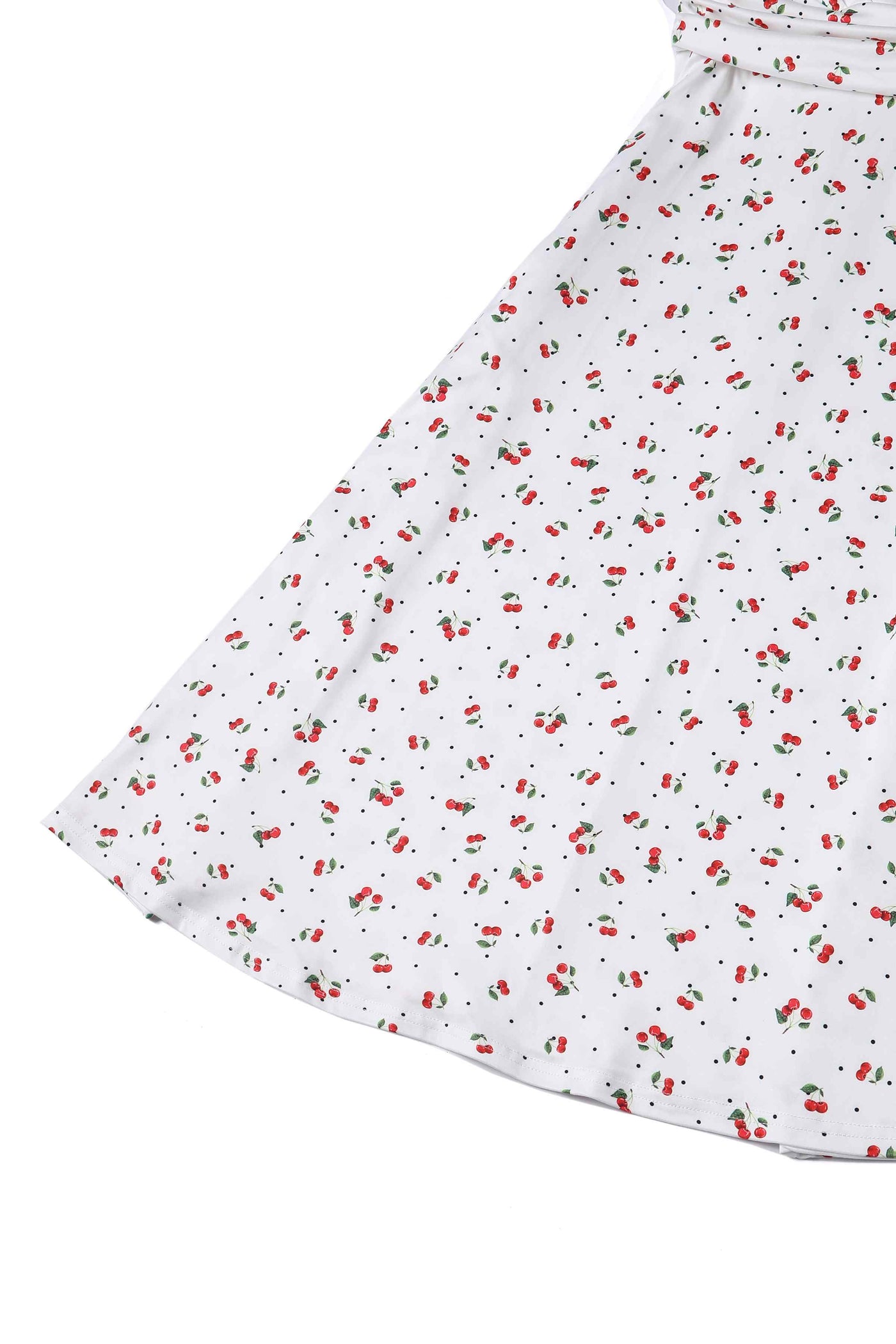 Front View of Retro White Tea Dress In Cherry & Polka Dot Print