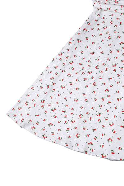 Front View of Retro White Tea Dress In Cherry & Polka Dot Print