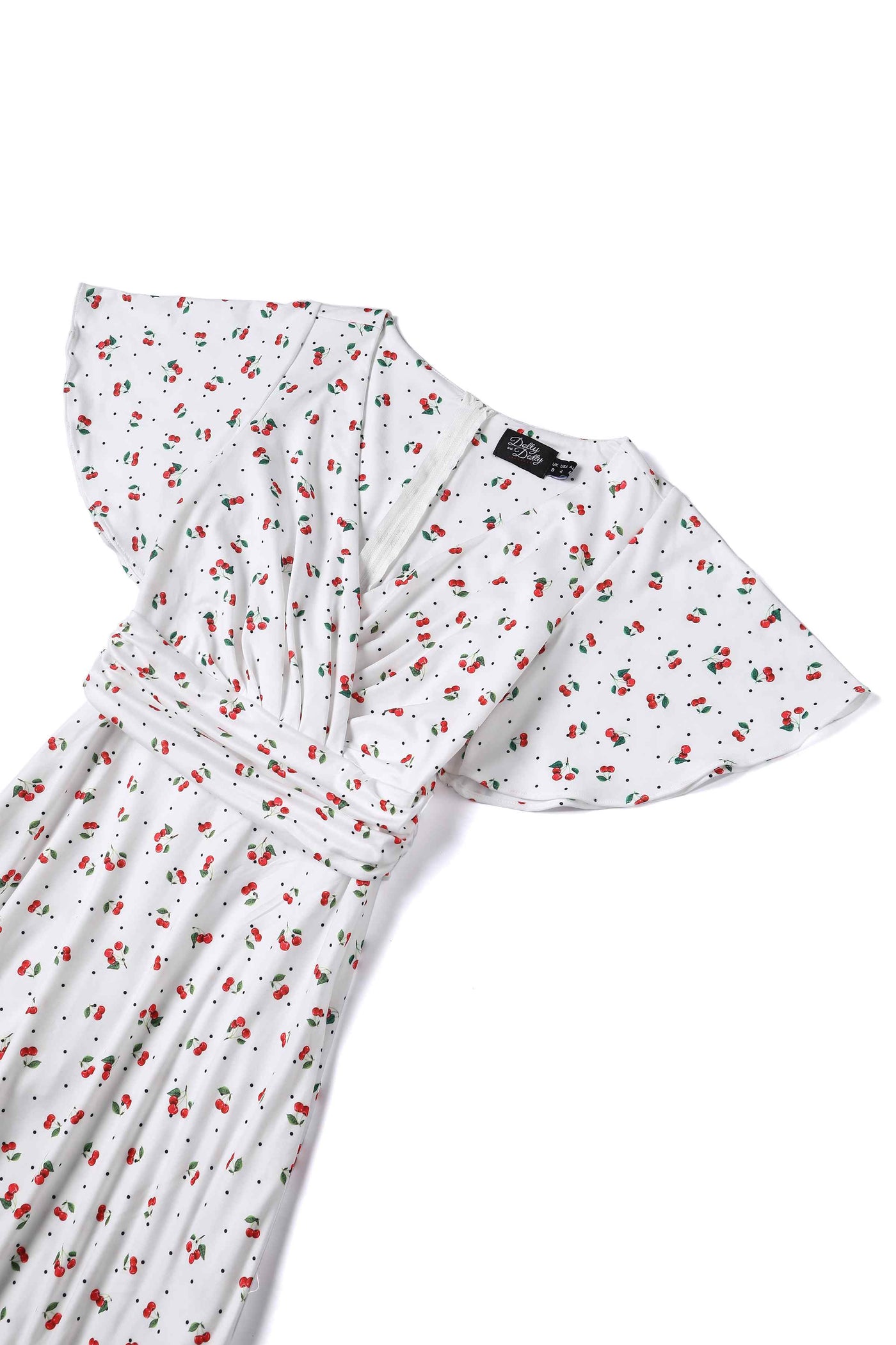 Front View of Retro White Tea Dress In Cherry & Polka Dot Print