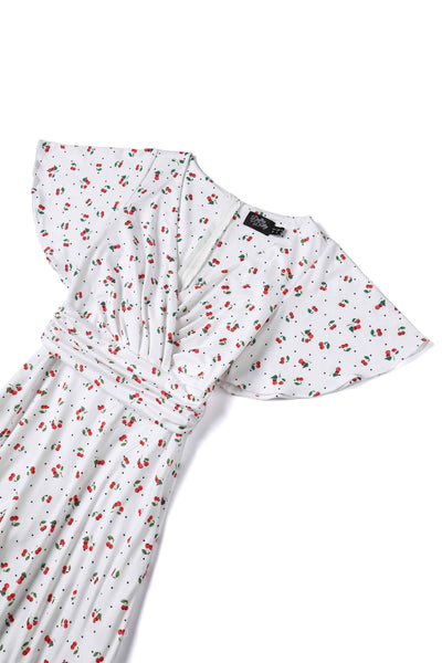 Front View of Retro White Tea Dress In Cherry & Polka Dot Print