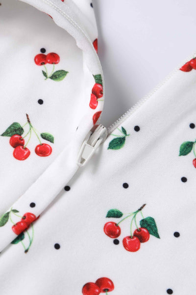 Front View of Retro White Tea Dress In Cherry & Polka Dot Print