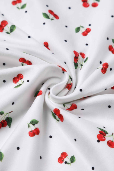 Front View of Retro White Tea Dress In Cherry & Polka Dot Print