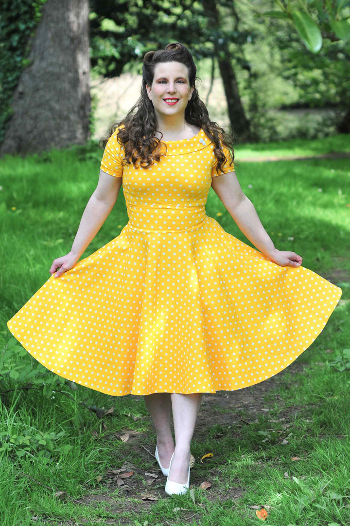 Darlene Retro Yellow Polka Dot Swing Dress - Dolly and Dotty Darlene Retro Yellow Polka Dot Swing Dress - Dolly and Dotty