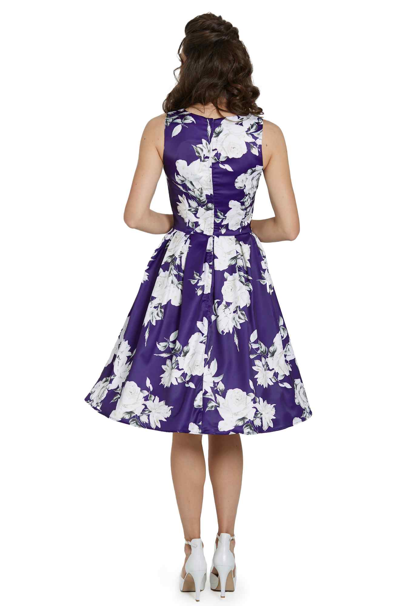 Model photo of Retro White Navy Rose Swing Dress