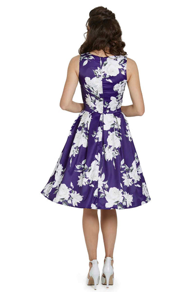 Model photo of Retro White Navy Rose Swing Dress