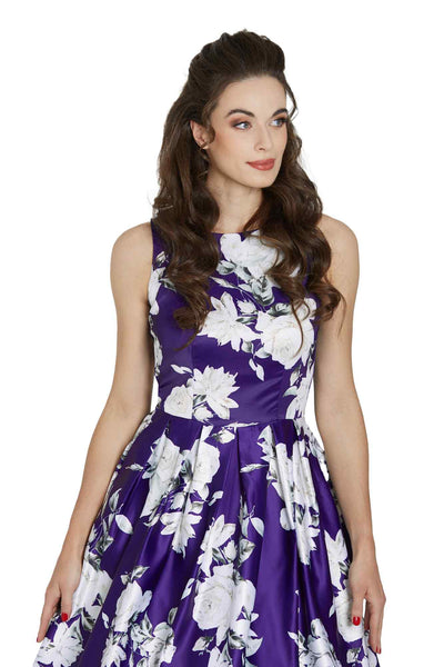 Model photo of Retro White Navy Rose Swing Dress