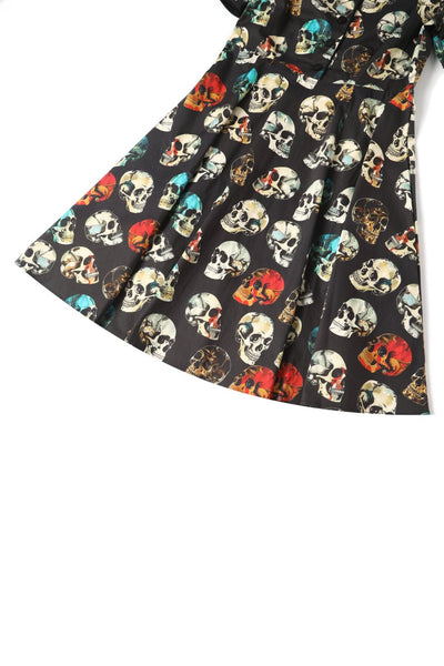 Close up view of Rockabilly Black Skull Shirt Dress
