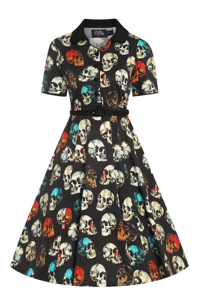 Front view of Rockabilly Black Skull Shirt Dress