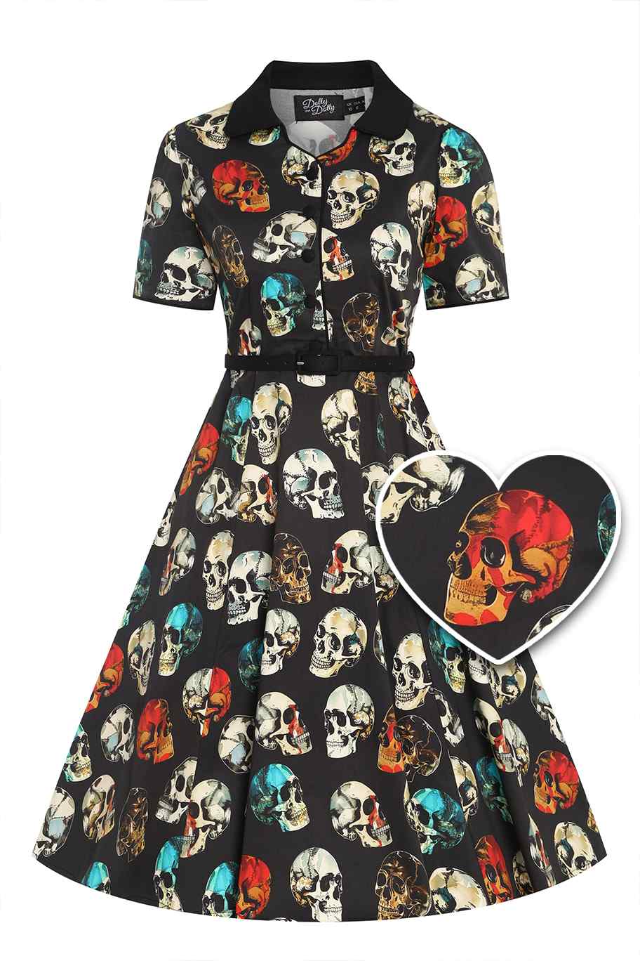 Front view of Penelope Rockabilly Black Skull Shirt Dress