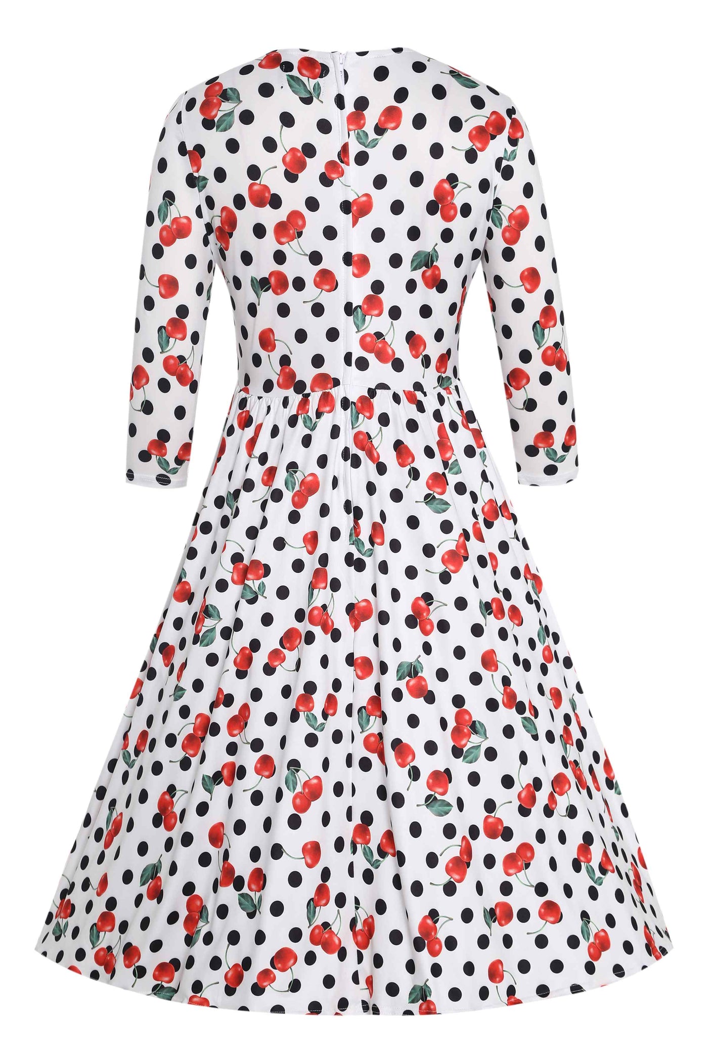 Back view of Rockabilly Cherry Polka Dot Print Dress in White
