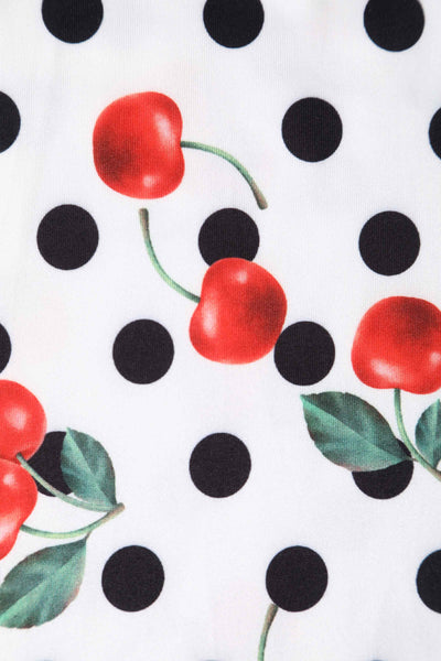 Close up view of Rockabilly Cherry Polka Dot Print Dress in White