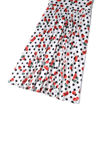 Close up view of Rockabilly Cherry Polka Dot Print Dress in White