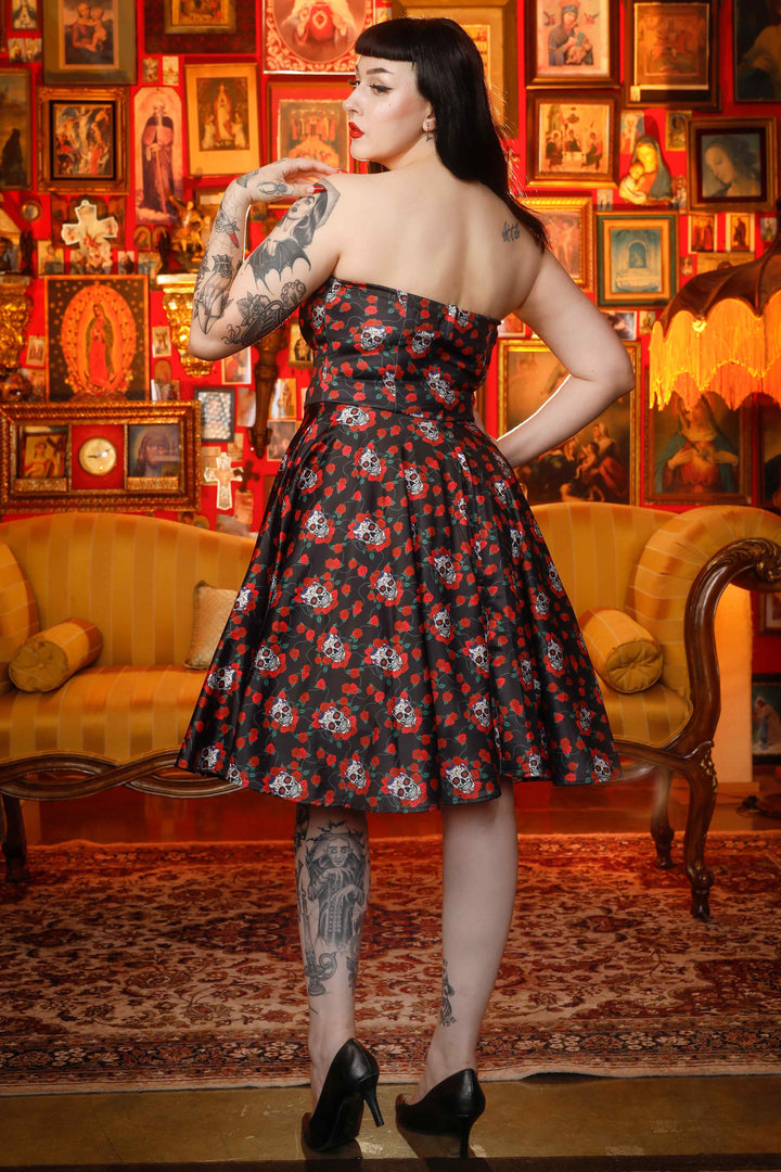 Rockabilly Strapless Dress in Black Skulls And Roses Rockabilly Strapless Dress in Black Skulls And Roses