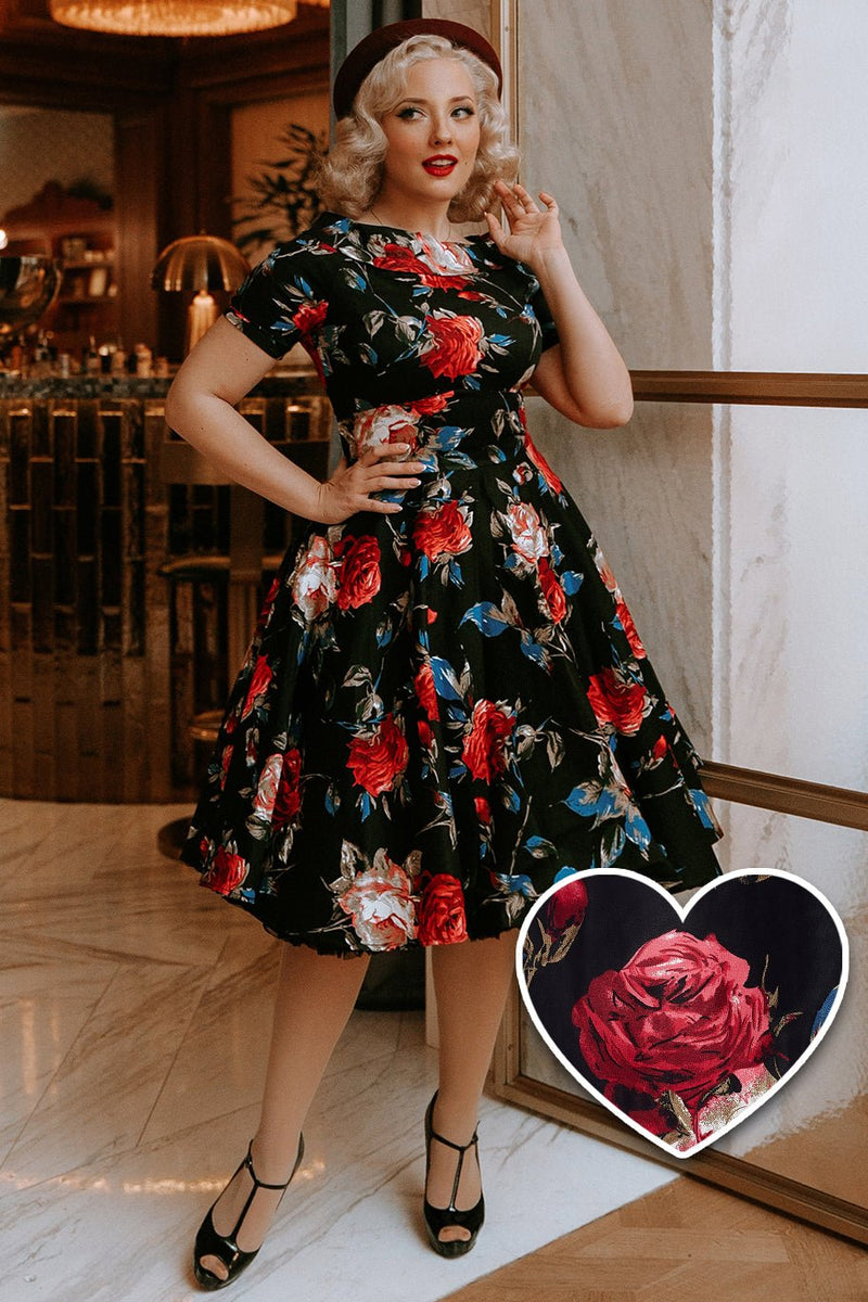 Darlene Rockabilly Floral Roses Swing Dress in Black