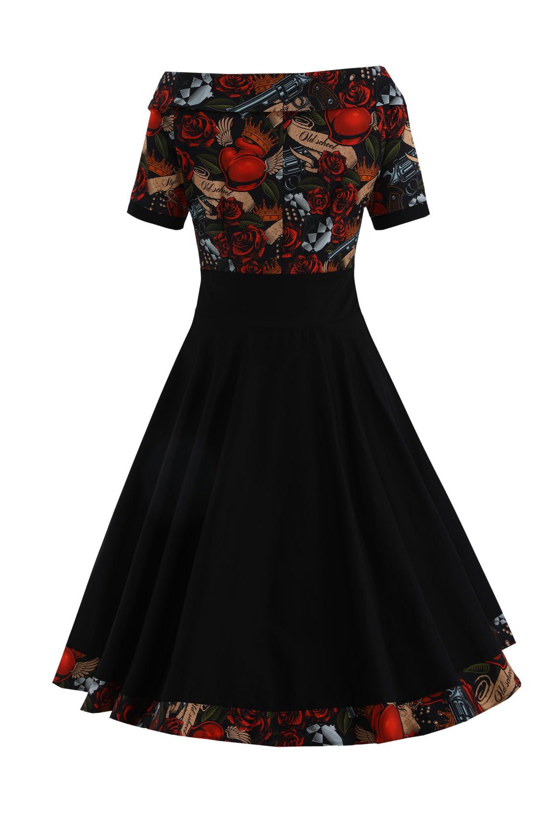 Back view of Rockabilly Guns N Roses Roll Collar Dress