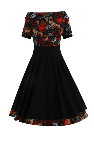Back view of Rockabilly Guns N Roses Roll Collar Dress