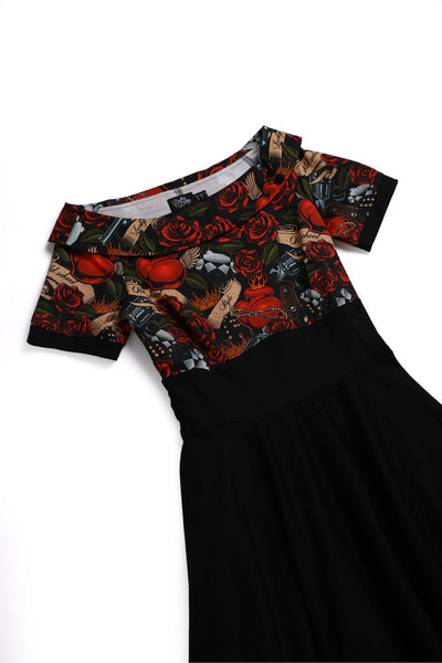 Close up view of Rockabilly Guns N Roses Roll Collar Dress