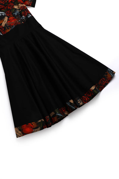 Close up view of Rockabilly Guns N Roses Roll Collar Dress