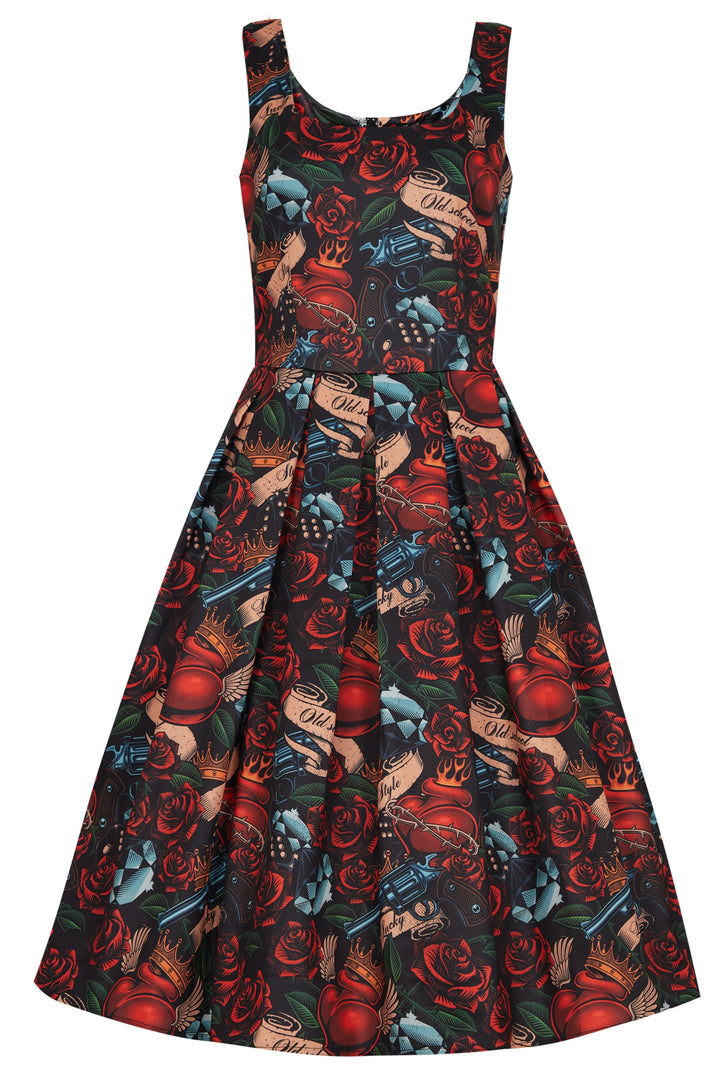 strapless open back dress Amanda 1950's Flared Dress in Black/Red Guns and Roses Print