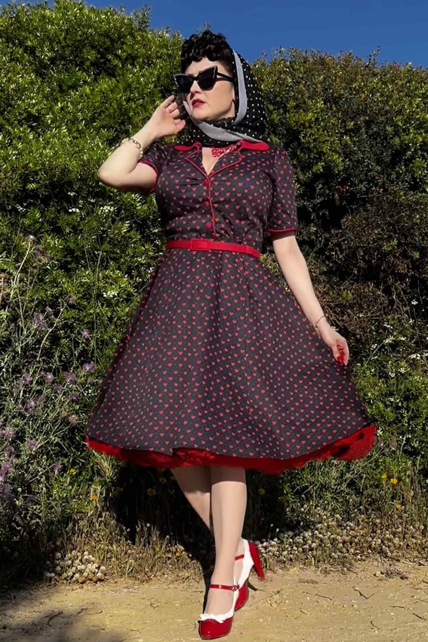 A model wearing a Rockabilly Heart Shirt Dress