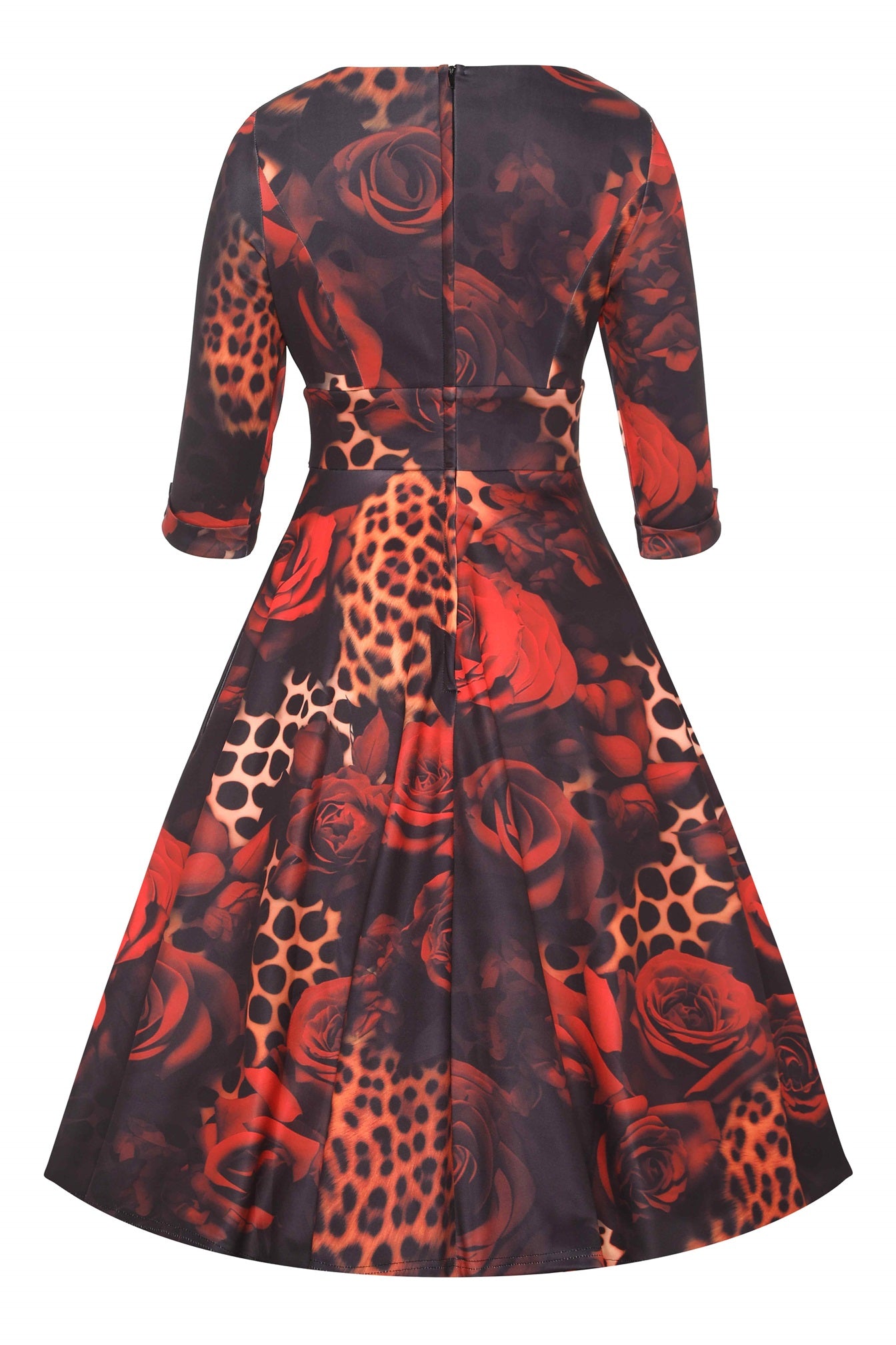 Back view of Rockabilly Leopard Rose Midi Dress