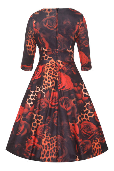 Back view of Rockabilly Leopard Rose Midi Dress
