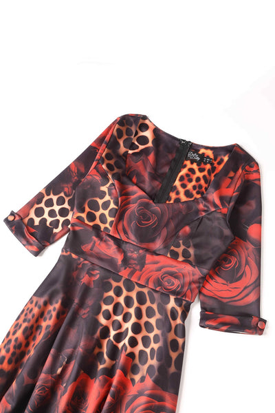 Close up view of Rockabilly Leopard Rose Midi Dress
