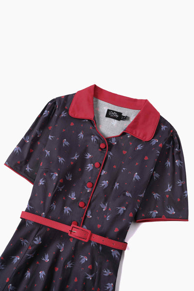 Close up view of Navy Blue Swallow Shirt Dress