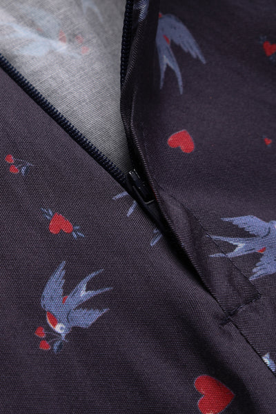 Close up view of Navy Blue Swallow Shirt Dress