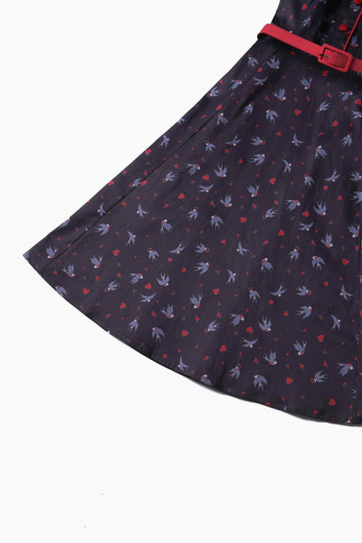 Close up view of Navy Blue Swallow Shirt Dress