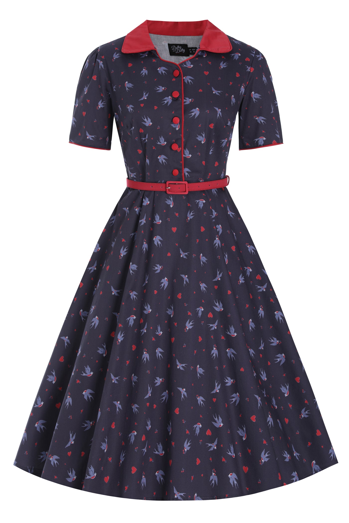 Front view of Navy Blue Swallow Shirt Dress