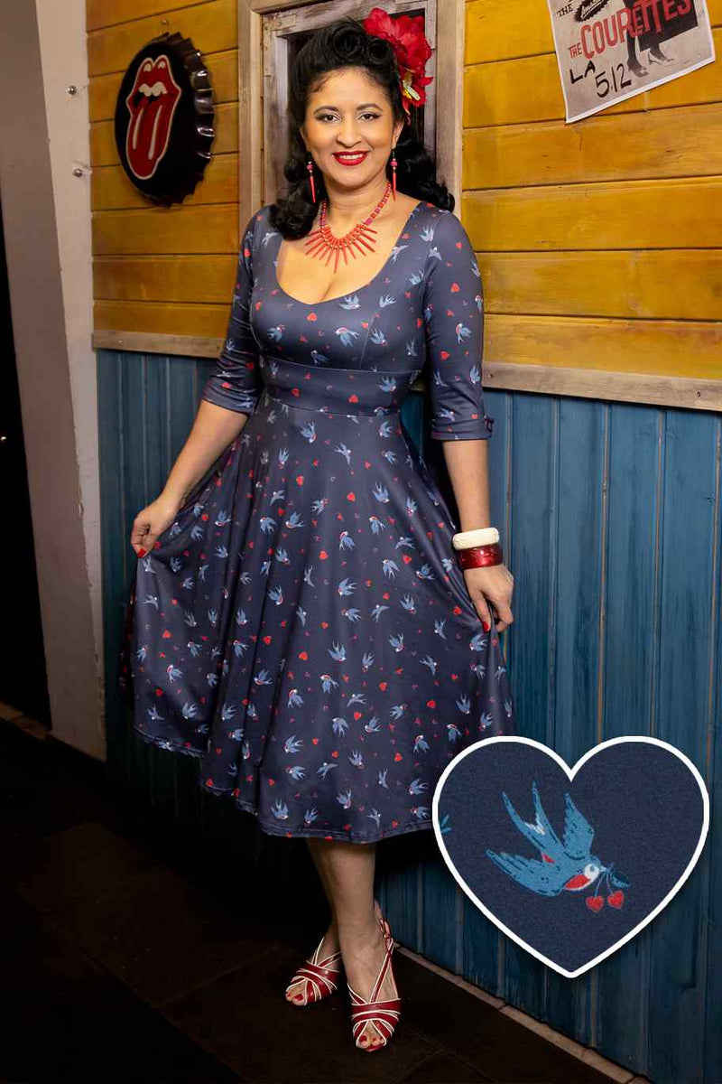 Rockabilly Navy Heart & Swallow Dress