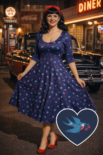 Scarlette Rockabilly Navy Heart & Swallow Dress
