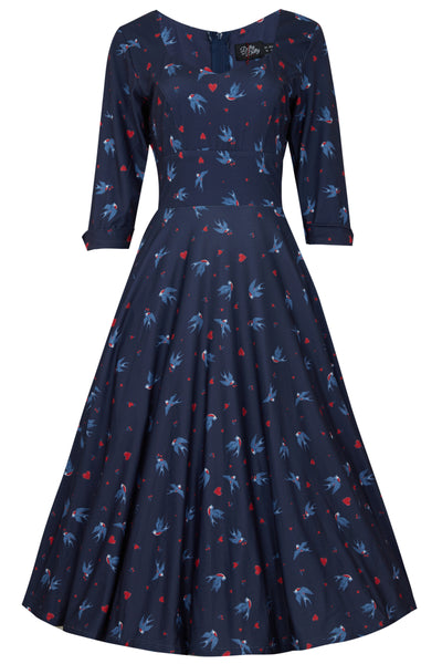 Rockabilly Navy Heart & Swallow Dress